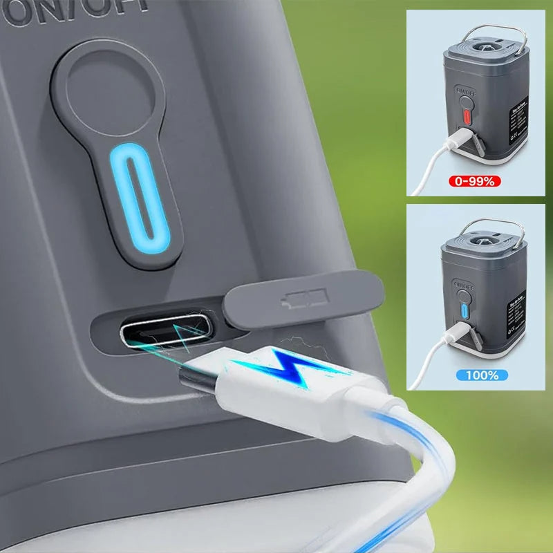 Chargeable Camping Air Pump – Compact Multi-Nozzle, Fast Inflation, Built-In LED