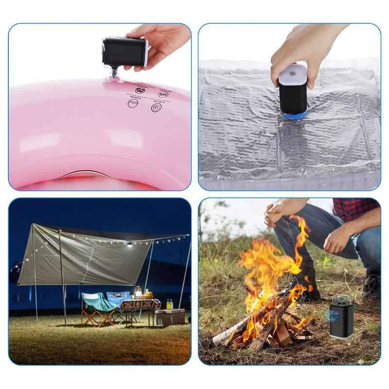 Chargeable Camping Air Pump – Compact Multi-Nozzle, Fast Inflation, Built-In LED