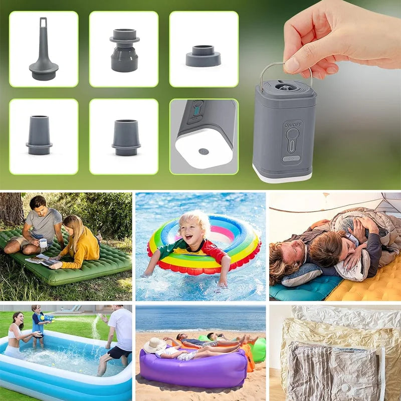 Chargeable Camping Air Pump – Compact Multi-Nozzle, Fast Inflation, Built-In LED